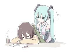 Rule 34 | 2girls, aqua eyes, aqua hair, bare shoulders, black sleeves, blanket, brown hair, coffee mug, commentary, covering with blanket, cup, desk, detached sleeves, closed eyes, grey shirt, hair ornament, hatsune miku, holding, holding blanket, long hair, looking at another, master (vocaloid), mug, multiple girls, nejikyuu, paper, shirt, shoulder tattoo, sleeping, sleeveless, sleeveless shirt, smile, steam, straight hair, sweater, tattoo, twintails, very long hair, vocaloid, yellow sweater
