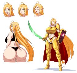 Rule 34 | 1girl, ahoge, armor, ass, black panties, blonde hair, breasts, cape, character sheet, curvy, devil-v, dimples of venus, dungeons &amp; dragons, elf, female knight, dungeons &amp; dragons, full body, green eyes, high heels, highres, huge ass, huge breasts, knight, lipstick, long hair, makeup, multiple views, navel, original, panties, pointy ears, red lips, shield, stomach, sword, thick thighs, thighs, thong, underwear, very long hair, weapon, wide hips