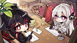 Rule 34 | artist request, black hair, book, book stack, cat, chair, chibi, coffee cup, cup, disposable cup, dog tags, envelope, gloves, highres, horns, hourglass, liv: eclipse (punishing: gray raven), liv (punishing: gray raven), long hair, lucia: plume (punishing: gray raven), lucia (punishing: gray raven), mechanical parts, official art, pink eyes, plant, punishing: gray raven, red eyes, rug, smile, table, twintails, wax seal, white hair, writing