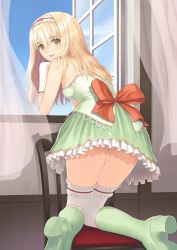 Rule 34 | 1girl, arm support, bare shoulders, blonde hair, boots, bow, brown eyes, dress, elmina (shining wind x), frilled skirt, frilled thighhighs, frills, from behind, gloves, green dress, green footwear, hairband, hat, highres, knee boots, kneeling, knees together feet apart, legs, long hair, looking at viewer, looking back, miniskirt, open mouth, petticoat, ribbon, shining (series), shining wind, shining wind x, skirt, smile, socks, solo, thighhighs, tony taka, white gloves, window