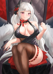 Rule 34 | 1girl, absurdres, azur lane, black choker, black dress, bouhuuu, bow, breasts, breasts apart, brown thighhighs, choker, dress, evening gown, fur shawl, headgear, highres, large breasts, long hair, nail polish, official alternate costume, pink eyes, red bow, red eyes, red nails, shawl, sitting, skindentation, solo, spiked thighlet, thigh strap, thighhighs, thighs, throne, very long hair, white hair, yorck (azur lane), yorck (breaker under the blood moon) (azur lane)