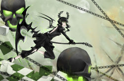 Rule 34 | 10s, 1girl, backless outfit, bad id, bad pixiv id, bare back, black hair, black rock shooter, checkered floor, claws, crack, cross akiha, dead master, female focus, floor, full moon, gradient background, green eyes, highres, horns, moon, open mouth, pants, scythe, skull, smile, solo, wings