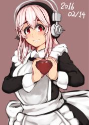 Rule 34 | 1girl, alternate costume, apron, blush, breasts, candy, chocolate, chocolate heart, deni m, enmaided, food, headphones, heart, large breasts, long hair, looking at viewer, maid, maid apron, nitroplus, pink hair, red eyes, skirt, smile, solo, super sonico