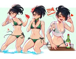 Rule 34 | 1girl, ;d, akali, arm tattoo, bikini, bikini under clothes, black hair, blushyspicy, bottle, breasts, brown eyes, cleavage, closed mouth, crop top, cup, drinking glass, flower, green bikini, grin, hair flower, hair ornament, holding, holding cup, league of legends, mask, mask pull, medium breasts, mouth mask, multiple views, navel, one eye closed, open mouth, ponytail, shirt, shot glass, side-tie bikini bottom, sitting, smile, soju, stomach, swimsuit, tank top, tattoo, thighs, toasting (gesture), wading, wardrobe malfunction, water, water balloon, wet, wet clothes, wet shirt, white tank top