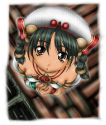 Rule 34 | 1041 (toshikazu), alternate costume, bare shoulders, braid, brown eyes, from above, green hair, hat, looking at viewer, looking up, soul calibur, soulcalibur iii, standing, talim, twin braids, twintails
