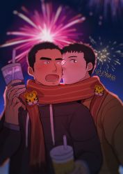 Rule 34 | 2boys, black hair, blush, brown eyes, character request, chinese zodiac, coat, commentary, copyright request, drink, drinking straw, fireworks, highres, kiss, kissing cheek, layered clothes, looking at another, looking away, maize-sausage, male focus, multiple boys, new year, open mouth, scarf, shared clothes, shared scarf, surprised, tiger, yaoi, year of the tiger