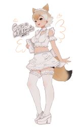 Rule 34 | 1girl, absurdres, alternate costume, animal ears, bare shoulders, beleven, blonde hair, blush, commentary, coyote (kemono friends), detached collar, enmaided, extra ears, full body, highres, kemono friends, kemono friends v project, maid, maid headdress, midriff, navel, necktie, shirt, short hair, skirt, sleeveless, smile, solo, tail, thighhighs, virtual youtuber, white hair, white necktie, white shirt, white skirt, white thighhighs, wolf ears, wolf girl, wolf tail, yellow eyes, zettai ryouiki
