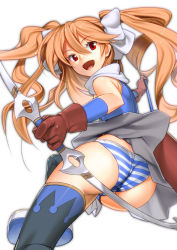Rule 34 | 1girl, :d, akisa yositake, arrow (projectile), artemis (shinrabanshou), artemis phoebus, ass, bad id, bad pixiv id, bare shoulders, boots, bow, bow (weapon), brown hair, female focus, from behind, gloves, hair bow, highres, long hair, looking at viewer, looking back, open mouth, orange hair, panties, pantyshot, red eyes, scarf, shinrabanshou, skirt, smile, solo, striped clothes, striped panties, thighhighs, twintails, underwear, upskirt, weapon