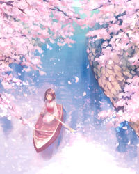 Rule 34 | 1girl, absurdres, black hair, branch, cherry blossoms, commentary request, dappled sunlight, day, expressionless, floral print, from above, highres, horizon, japanese clothes, kimono, looking at viewer, looking up, nomuraumu, oar, obi, original, outdoors, petals, red eyes, river, rowboat, rowing, sash, seiza, short hair, sitting, solo, spring (season), stone wall, sunlight, wall