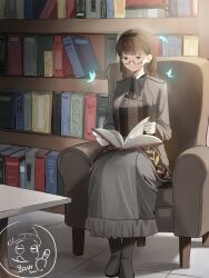 Rule 34 | 1girl, absurdres, black hairband, book, bookshelf, boots, brown hair, bug, butterfly, closed mouth, dress, glasses, gloves, grey dress, hairband, highres, holding, holding book, indoors, insect, long hair, nonoa, on chair, open book, original, reading, rectangular eyewear, semi-rimless eyewear, sitting, smile, solo, table, white gloves