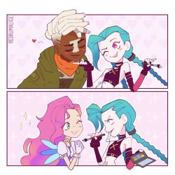 Rule 34 | 1boy, 2girls, ;d, alice (redrumalice), arcane: league of legends, arcane jinx, bare shoulders, black gloves, blush stickers, braid, brown hair, crop top, dreadlocks, ekko (league of legends), fingerless gloves, firelight ekko, gloves, green hair, green jacket, grin, heart, highres, holding, holding paintbrush, jacket, jinx (league of legends), league of legends, makeup, multicolored hair, multiple girls, navel, one eye closed, open clothes, open jacket, open mouth, orange scarf, outside border, paintbrush, pink hair, scarf, seraphine (league of legends), smile, stomach, teeth, twin braids, twintails, two-tone hair, upper body, white hair