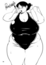 Rule 34 | 1girl, breasts, cleavage, clipboard, copyright request, doomcomic, fat, glasses, highres, huge breasts, monochrome, pen, solo, thick thighs, thighs, wide hips
