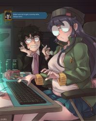 Rule 34 | 2girls, absurdres, atora ataka, beanie, black hair, blush, breasts, can, chips (food), dialogue box, drink can, english text, feeding, food, glasses, hat, highres, holding, holding spoon, ice cream, keyboard (computer), large breasts, long hair, monster energy, multiple girls, opaque glasses, pleated skirt, plump, radirgy, school uniform, skirt, soda can, spoon, tadayo aita, twitter username