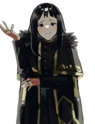 Rule 34 | 1girl, absurdres, black cape, black coat, black hair, cape, closed mouth, coat, gold trim, hand up, hexagon print, highres, jewelry, library of ruina, long sleeves, medium hair, msx (mis4xi), multiple rings, project moon, ring, sidelocks, simple background, smile, solo, upper body, white background, zena (project moon)