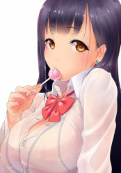 Rule 34 | 1girl, black hair, blush, bow, bowtie, breasts, brown eyes, candy, collar, ear ornament, earrings, eyebrows, eyelashes, food, holding, jewelry, large breasts, lollipop, long hair, looking at viewer, nail polish, original, profile, school uniform, shirt, simple background, solo, stud earrings, tori kaku, white background