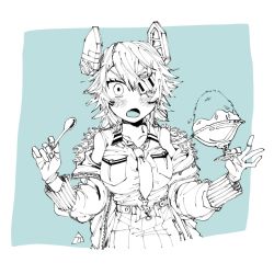 Rule 34 | 1girl, aqua theme, bad id, bad twitter id, blue theme, blush, breast pocket, breasts, collarbone, eyepatch, fang, food, fur-trimmed jacket, fur trim, holding, holding spoon, jacket, kantai collection, large breasts, looking at viewer, messy hair, motimotipan (1885), necktie, open mouth, partially colored, pocket, shaved ice, skirt, solo, spoon, tenryuu (kancolle)