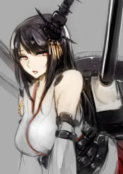 Rule 34 | 10s, 1girl, bare shoulders, black hair, breasts, cannon, detached sleeves, fusou (kancolle), genyaky, hair ornament, highres, japanese clothes, kantai collection, large breasts, long hair, nontraditional miko, orange eyes, pagoda, personification, solo, turret, weapon