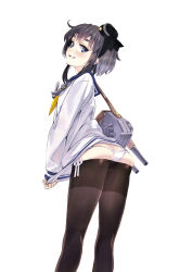 Rule 34 | 1girl, absurdres, anchor, ass, black pantyhose, blue eyes, blush, butt crack, cannon, dress, dress tug, from behind, grey background, grey hair, grin, hat, highres, kantai collection, long sleeves, looking at viewer, looking back, mini hat, panties, pantyhose, sailor collar, sailor dress, scan, short hair with long locks, side-tie panties, simple background, skindentation, smile, solo, tokitsukaze (kancolle), underwear, white background, white panties, yahako
