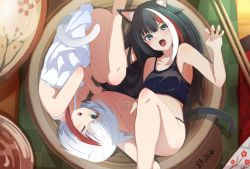 Rule 34 | 2girls, admiral graf spee (azur lane), angry, animal ear fluff, animal ears, aqua eyes, armpits, azur lane, text background, black hair, black tail, black tank top, black undershirt, blush, bowl, breasts, cat ears, cat tail, chopsticks, claw pose, coaster, commentary request, crossed arms, deutschland (azur lane), dress, dress straps, eyebrows, eyes visible through hair, fang, fetal position, highres, in bowl, in container, leg up, legs together, lying, medium breasts, multicolored hair, multiple girls, on back, on side, one eye closed, open mouth, red hair, skin fang, streaked hair, table, tail, tank top, thighs, translation request, underwear, urabesunahito, white dress, white hair, white tail, yawning