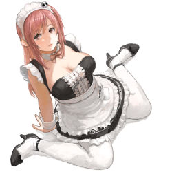 Rule 34 | 1girl, alternate costume, apron, arm support, breasts, brown eyes, brown hair, center frills, cleavage, cleavage cutout, clothing cutout, dead or alive, dead or alive 5, detached collar, enmaided, female focus, frills, hair ornament, honoka (doa), iwanai tomoeju, iwauchi tomoki, large breasts, long hair, looking at viewer, maid, maid apron, maid headdress, md5 mismatch, parted lips, pink eyes, pink hair, resolution mismatch, simple background, sitting, solo, source larger, thighhighs, waist apron, wariza, white background, white thighhighs, wrist cuffs