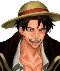 Rule 34 | 1boy, aged up, black eyes, black hair, commentary request, facial hair, hat, highres, korean commentary, male focus, monkey d. luffy, nok (nok 1), one piece, open mouth, scar, scar on chest, scar on face, short hair, simple background, smile, solo, straw hat, white background