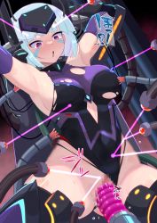 Rule 34 | 1girl, android, android mk.99, arms up, blue hair, blush, breasts, censored, commission, da (da 3939), facial tattoo, guardian tales, highres, laser, leotard, medium breasts, medium hair, mosaic censoring, object insertion, open mouth, pink eyes, restrained, saliva, sex, sex machine, skeb commission, solo, sound effects, stationary restraints, sweatdrop, tattoo, torn clothes, vaginal, vaginal object insertion