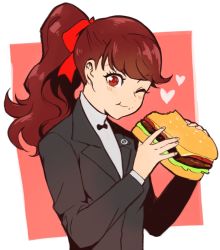 Rule 34 | 1girl, burger, eating, highres, persona, persona 5, persona 5 the royal, radiostarkiller, red hair, solo, twitter, yoshizawa kasumi