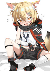 Rule 34 | 1girl, animal ear fluff, animal ears, arknights, bandaged leg, bandages, bed sheet, black cloak, black footwear, black shorts, blonde hair, blush, cloak, commentary request, crop top, ear piercing, hair between eyes, highres, hood, hood down, hooded cloak, looking at viewer, midriff, navel, nose blush, notched ear, open mouth, orange eyes, piercing, shirt, shoes, shorts, simple background, sitting, solo, strapless, strapless shirt, tail, tears, tomurasuisen, v-shaped eyebrows, vermeil (arknights), white background, white shirt