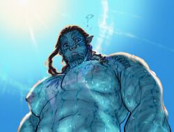 Rule 34 | 1boy, abs, arms at sides, avatar: the way of water, bara, big nose, blue skin, colored skin, day, facial mark, fish boy, foreshortening, from below, huge pectorals, ink (twistydr0p), james cameron&#039;s avatar, james cameron's avatar, looking at viewer, male focus, muscular, muscular male, nipples, nude, pectoral focus, pectorals, pointy ears, solo, strongman waist, sunlight, tareme, thick eyebrows, tonowari (avatar), uneven eyes, upper body, wet