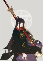 Rule 34 | 10s, 1boy, black hair, indian style, japanese clothes, long hair, male focus, nineo, ootachi, ponytail, simple background, sitting, solo, sword, tarou tachi, touken ranbu, very long hair, weapon, yellow eyes