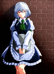 Rule 34 | 1girl, :|, against wall, ahoge, apron, arm garter, blue dress, blue eyes, blush, bow, braid, breasts, brick wall, closed mouth, collared shirt, commentary request, dress, expressionless, green neckwear, green ribbon, hair between eyes, hair ribbon, highres, holding, holding tray, izayoi sakuya, large breasts, lips, long sleeves, looking at viewer, maid, maid apron, maid headdress, ribbon, sash, shirt, short hair, solo, standing, tatsuya (guild plus), touhou, tray, tress ribbon, twin braids, upper body, white sash, white shirt, wrist cuffs