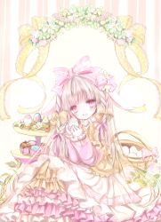 Rule 34 | 1girl, animal ears, animal print, basket, blush, bow, braid, clover, commentary request, cupcake, dress, easter, easter egg, egg, flower, food, four-leaf clover, frilled bow, frilled dress, frilled sleeves, frills, hair bow, hair ornament, hair ribbon, highres, himemurasaki, layered dress, lolita fashion, long hair, long sleeves, looking at viewer, multicolored hair, open mouth, original, pale color, pink bow, pink ribbon, rabbit ears, rabbit print, rainbow hair, red eyes, ribbon, sitting, solo, sweet lolita, tiered tray, very long hair, white bow, yellow bow, yellow ribbon