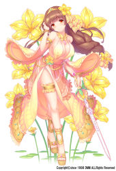 Rule 34 | 1girl, asaza (flower knight girl), bracelet, braid, breasts, brown hair, choker, closed mouth, detached sleeves, dress, flower, flower knight girl, full body, hair flower, hair ornament, hair ribbon, hairband, holding, holding sword, holding weapon, jewelry, large breasts, long hair, looking at viewer, low-braided long hair, low-tied long hair, name connection, object namesake, official art, orange eyes, ribbon, sandals, smile, solo, standing, sword, tatenayua, thighlet, weapon, yellow dress, yellow footwear, yellow neckwear, yellow ribbon