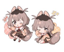 Rule 34 | +++, 1girl, animal ear fluff, animal ears, backpack, bag, blush, brown dress, brown eyes, brown footwear, brown hair, cardigan, chibi, closed mouth, dress, full body, grey eyes, jjjjmmn errr, long hair, long sleeves, looking at viewer, multiple views, one eye closed, open clothes, open mouth, original, plaid, plaid dress, rubbing eyes, sailor collar, shirt, short eyebrows, simple background, sitting, skirt, smile, socks, squirrel (jjjjmmn err), squirrel tail, tail, tears, thick eyebrows, two side up, very long hair, white background, white sailor collar, zzz
