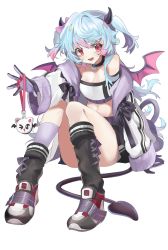 Rule 34 | 1girl, aqua hair, asymmetrical legwear, bad id, bad twitter id, bare shoulders, black bow, black ribbon, black skirt, black socks, blush, bow, breasts, choker, cleavage, collarbone, crop top, cross-laced clothes, cross-laced legwear, demon girl, demon horns, demon tail, demon wings, fang, full body, gloves, heart, heart choker, highres, horns, jacket, charm (object), kneehighs, long hair, long sleeves, looking at viewer, mid (gameshe), midriff, mismatched legwear, mole, mole under mouth, navel, off shoulder, open clothes, open jacket, open mouth, original, purple socks, red eyes, ribbon, shoes, shorts, shorts under skirt, simple background, single sidelock, sitting, skirt, sleeves past wrists, small breasts, smile, sneakers, socks, solo, stomach, strapless, tail, tube top, two side up, white background, white shorts, white tube top, wings