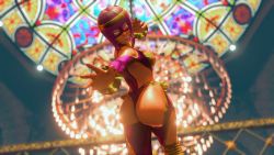 Rule 34 | 1girl, artist request, ass, ass cutout, boots, breasts, cleavage, cleavage cutout, clothing cutout, cosplay, curvy, dark-skinned female, dark skin, egyptian, female focus, highleg, highleg leotard, highres, huge ass, leotard, looking at viewer, looking back, menat, purple hair, rainbow mika (cosplay), revealing clothes, screencap, shiny skin, solo, street fighter, thong leotard