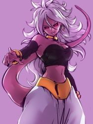 Rule 34 | 1girl, android 21, bangle, black nails, black sclera, black tube top, bracelet, breasts, choker, colored sclera, colored skin, detached sleeves, dragon ball, dragon ball fighterz, earrings, hair between eyes, harem pants, hoop earrings, jewelry, kemachiku, large breasts, long hair, looking at viewer, majin android 21, messy hair, midriff, nail polish, navel, pants, pink background, pink skin, red eyes, solo, strapless, tail, tube top, tube top, white hair