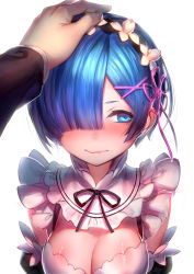 Rule 34 | 10s, 1girl, black ribbon, blue eyes, blue hair, blush, breasts, cleavage, closed mouth, detached sleeves, embarrassed, frills, from above, hair ornament, hair over one eye, hairband, hairclip, hand on another&#039;s head, head pat, highres, long sleeves, looking away, maid, medium breasts, mettsu, neck ribbon, one eye covered, out of frame, pov, pov hands, re:zero kara hajimeru isekai seikatsu, rem (re:zero), ribbon, shiny skin, short hair, simple background, solo focus, upper body, wavy mouth, white background, x hair ornament
