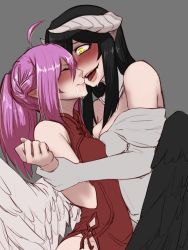 Rule 34 | 2girls, ahoge, albedo (overlord), angel, angel and devil, bare shoulders, black hair, black wings, blush, breast press, breasts, chinese clothes, choker, cleavage, closed eyes, demon girl, dress, fangs, female focus, forced, grey background, grey dress, highres, holding another&#039;s wrist, kiss, less, lips, long hair, looking at another, multiple girls, naughty face, off-shoulder dress, off shoulder, open mouth, original, overlord (maruyama), pink hair, ponytail, restrained, saliva, saliva trail, simple background, sleeveless, slit pupils, smile, symmetrical docking, tongue, tongue out, wings, yuri