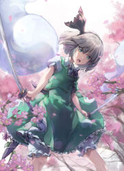 Rule 34 | 1girl, black bow, black bowtie, black hairband, bow, bowtie, cherry blossoms, commentary request, flower, ghost, green eyes, green skirt, green vest, grey hair, hairband, highres, holding, holding sword, holding weapon, katana, konpaku youmu, konpaku youmu (ghost), looking at viewer, multiple swords, nanop38, open mouth, pink flower, shirt, short hair, short sleeves, skirt, solo, sword, touhou, vest, weapon, white shirt