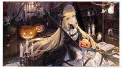 Rule 34 | 1girl, arknights, ascot, black dress, blonde hair, blue eyes, book, bookshelf, candle, candlestand, chin strap, dress, gothic lolita, halloween, highres, horns, indoors, jack-o&#039;-lantern, light bulb, lolita fashion, long hair, long sleeves, looking at viewer, mento, multicolored clothes, multicolored dress, nightingale (an elegy) (arknights), nightingale (arknights), official alternate costume, parted lips, pumpkin, sidelocks, sitting, skull, solo, very long hair, white dress, wide sleeves