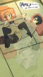 Rule 34 | 10s, 1girl, 2boys, amamiya ren, black hair, black panties, breath, brown hair, clothed sex, controller, cup, drooling, english text, father and daughter, glasses, handheld game console, hetero, highres, kenno arkkan, kotatsu, lying, multiple boys, newspaper, nintendo switch, open mouth, panties, panties around leg, penis, persona, persona 5, pillow, pussy, remote control, sakura futaba, sakura soujirou, saliva, sex, shorts, shorts around one leg, sitting, speech bubble, spread legs, stealth sex, table, thighhighs, uncensored, under table, underwear, vaginal, x-ray