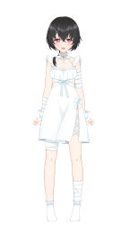 Rule 34 | 1girl, absurdres, arms at sides, bandages, black hair, breasts, collar, dress, hair ornament, hairclip, highres, non-web source, red eyes, simple background, small breasts, socks, standing, tagme, white background, white dress