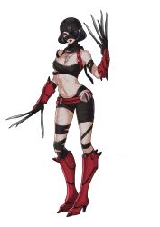 Rule 34 | 1girl, absurdres, arm guards, armor, armored boots, bandaged head, bandaged leg, bandages, bare shoulders, belt, black hair, black scarf, boots, breasts, budget sarashi, claw (weapon), cleavage, cross, cross necklace, full body, high heel boots, high heels, highres, injury, jewelry, knee boots, large breasts, legs apart, lips, looking at viewer, navel, necklace, o-ring, one eye covered, open mouth, original, pendant, red eyes, red footwear, sarashi, scar, scar across eye, scar on face, scarf, short hair, simple background, solo, standing, stomach, transparent background, weapon, white background, yezhi na