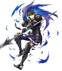 Rule 34 | 1boy, armor, armored boots, asatani tomoyo, berkut (fire emblem), black hair, boots, broken armor, cape, fire emblem, fire emblem echoes: shadows of valentia, fire emblem heroes, full body, fur trim, gauntlets, grey eyes, highres, holding, holding weapon, long sleeves, looking away, male focus, nintendo, official art, pants, pauldrons, polearm, short hair, shoulder armor, solo, torn clothes, transparent background, weapon