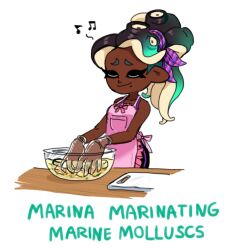 Rule 34 | 1girl, apron, bare shoulders, bow, bowl, closed eyes, cooking, cutting board, dark-skinned female, dark skin, english text, female focus, gloves, highres, humor, marina (splatoon), mole, mole under mouth, musical note, nintendo, octoling, ponytail, simple background, sleeveless, solo, splatoon (series), standing, table, tentacle hair, white background, yurami18