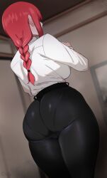 Rule 34 | 1girl, absurdres, ass, back, black pants, blurry, blurry background, braid, braided ponytail, chainsaw man, curvy, from behind, from below, high-waist pants, highres, huge ass, indoors, legs together, lightsource, long sleeves, makima (chainsaw man), pants, pantylines, red hair, shirt, shirt tucked in, solo, standing, thick thighs, thighs, tight clothes, tight pants, white shirt