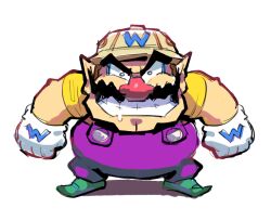 Rule 34 | 1boy, cleft chin, dreaminerryday, facial hair, gloves, green footwear, grin, helmet, looking at viewer, mustache, nintendo, overalls, pith helmet, pointy ears, purple overalls, saliva, shirt, simple background, smile, wario, wario land, white background, white gloves, yellow shirt