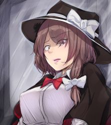 Rule 34 | 1girl, black hat, bow, bowtie, breasts, brown hair, capelet, constricted pupils, hat, hat bow, highres, large breasts, lips, lipstick, looking at viewer, makeup, open mouth, pink lips, red neckwear, tearing up, touhou, translation request, usami renko, usutominsutaa, witch hat