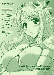 Rule 34 | 1girl, breasts, covered erect nipples, green theme, large breasts, monochrome, nakajima akihiko, original, pointy ears, solo, underboob